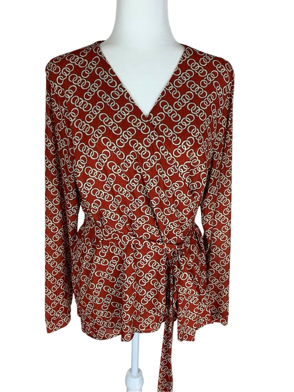Women's Cabi Rust Chain Print Ringleader Long Sleeve Mesh Wrap Top Size XXL Boho